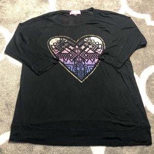 Sugar High Tshirt Womens XL Aztec Heart 3/4 Sleeve Black Top Southwestern